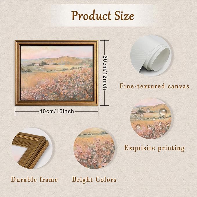 Aroutde Vintage Wildflower Printing Gold Framed Wall Art Pink Flowers Landscape Canvas Artwork Natural Mounatin Pictures For Living Room Bedroom Apartment Decoration(16L''x12W'')
