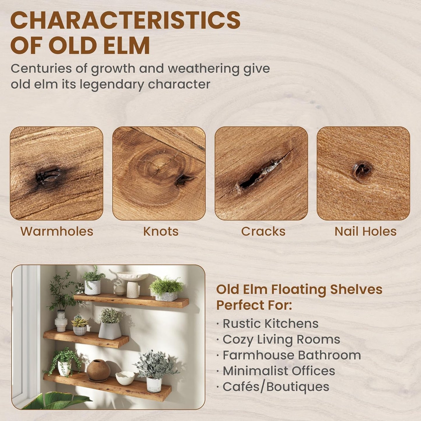 72" Floating Shelves, Live Edge Elm Wood Floating Shelf for Wall, Wall-Mounted Display Shelves with Invisible Heavy-Duty Bracket, Long Floating Shelf for Bathroom, Kitchen, Living Room, Natural Color