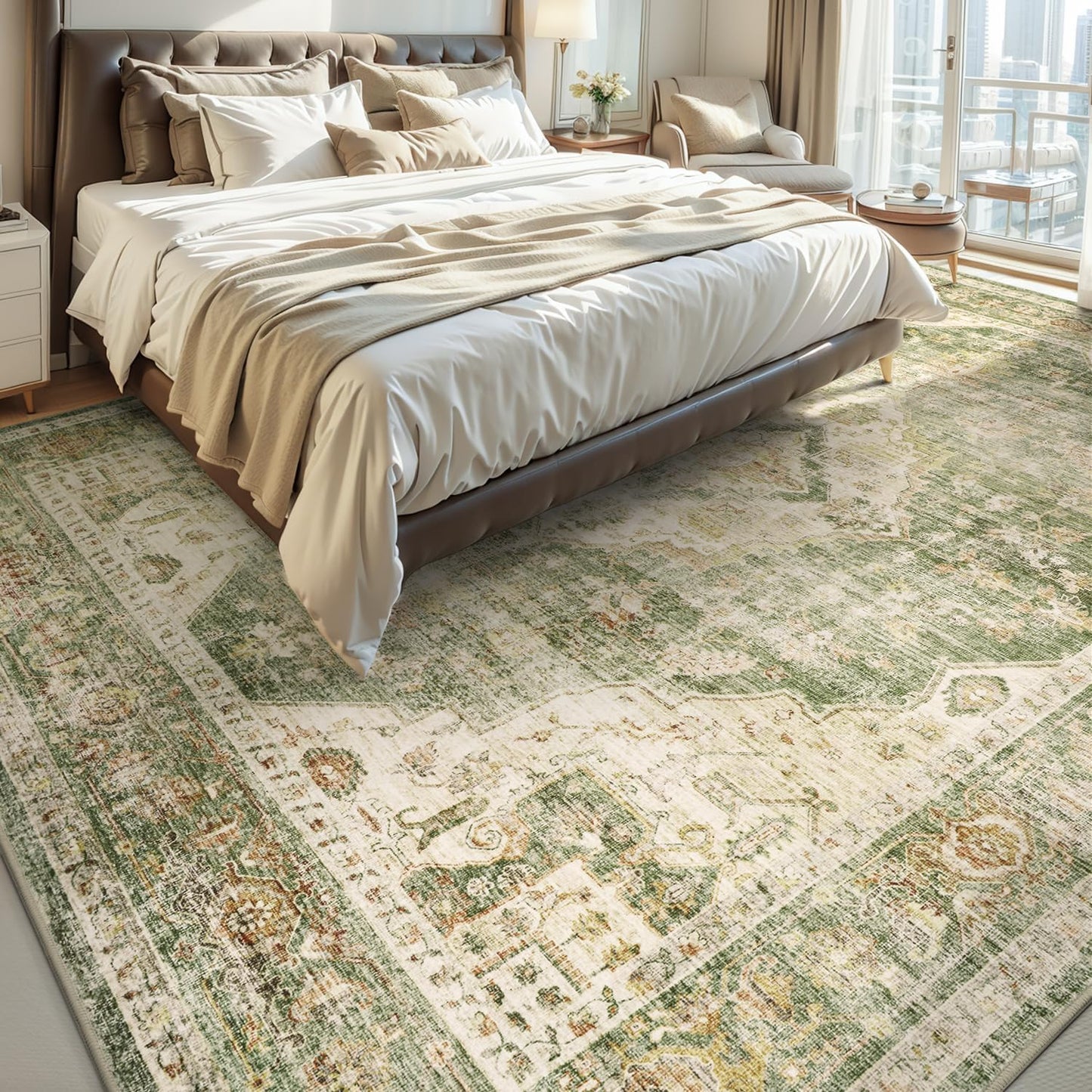 AMOAMI-Area Rug 6X9 Rugs for Living Room-Vintage Soft Green Rugs for Bedroom-Non Slip Carpet-Machine Washable Rug for Dining Room Living Room Bedroom Office Under Table