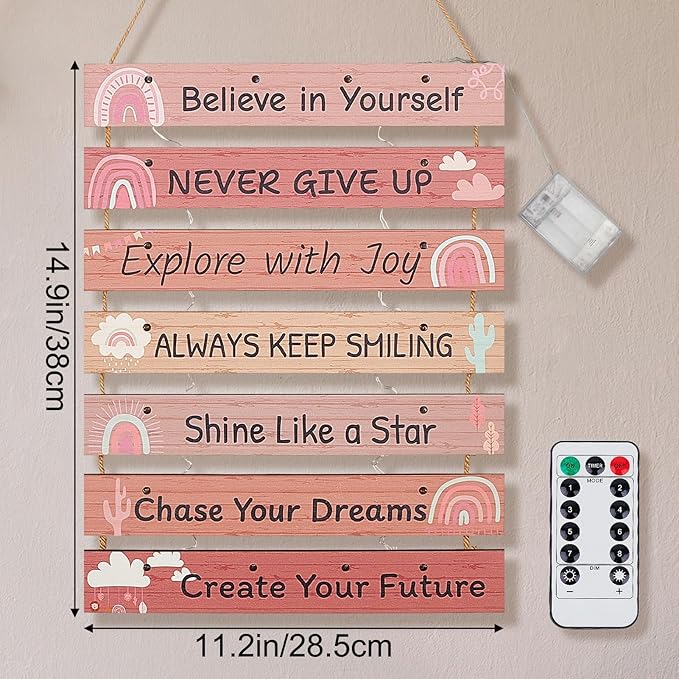 FIOBEE Girls Room Décor for Teen Girls Boys with LED Light Wall Decor for Bedroom Motivational Inspirational Wall Art Room Decoration for Kids Studyroom, 8 Kinds of Lights, Light Pink Boho