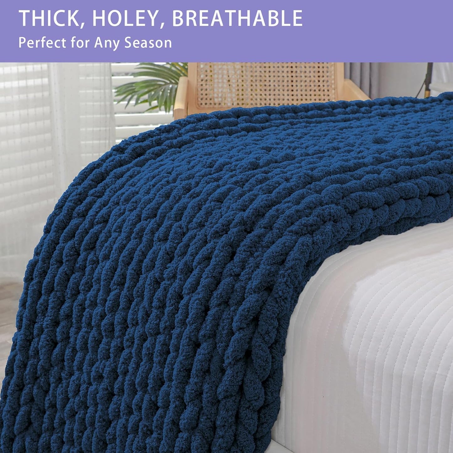 Bigacogo Chunky Knit Throw Blanket for Couch, 40x80 inches, 100% Hand Knitted with Thick Jumbo Chenille Yarn, Cozy Soft Large Rope Knot Cable Crochet Blankets for Sofa Bed Living Room, Navy Blue