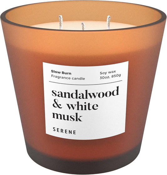 Hidden Label Large Scented Candle, Sandalwood & White Musk, 30oz 3 Wick Huge Candle, Huge Slow Burn Natural Soy Candles for Home Scented