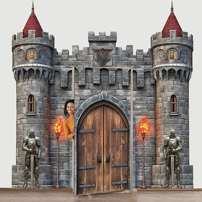 4 PCS Medieval Entryway Party Decorations Castle Door Covers Hanging Banner Porch Sign Medieval Castle Photo Props Background Torch Knight Porch Banner for Birthday Halloween Party Door Decor Supplies