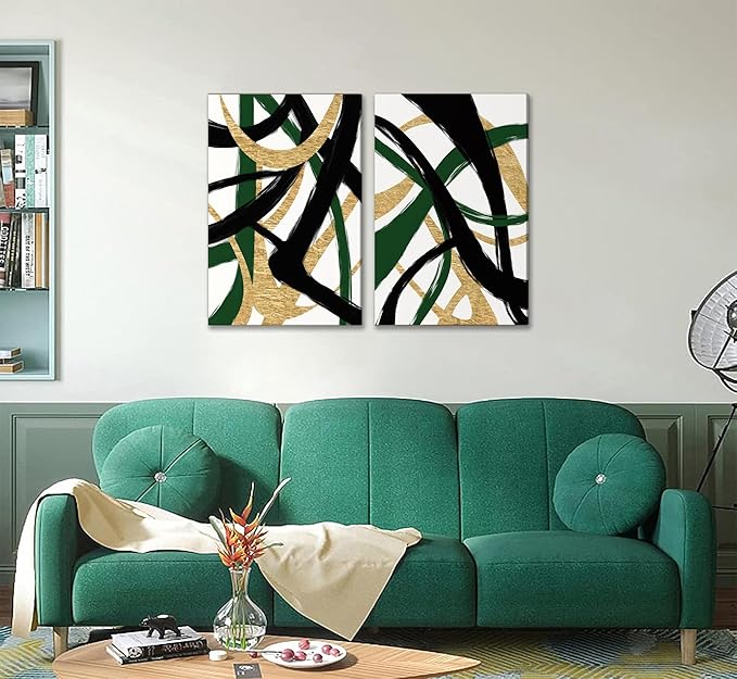 GKQNMU 2pcs Abstract Stripe Canvas Wall Art Modern Minimalist Geometry Wall Decoration Pictures Green Gold And Black Prints Posters Paintings for Living Room Bedroom Office Decoration Ready To Hang