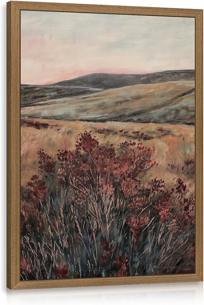 Clicyre Moody Mountain Wildflower Landscape Wall Art, Farmhouse Rustic Floral Canvas Print, Moody Vintage Country Botanical Nature Wall Decor for Living Room Bedroom Entryway Wood Framed 12x16 Inch