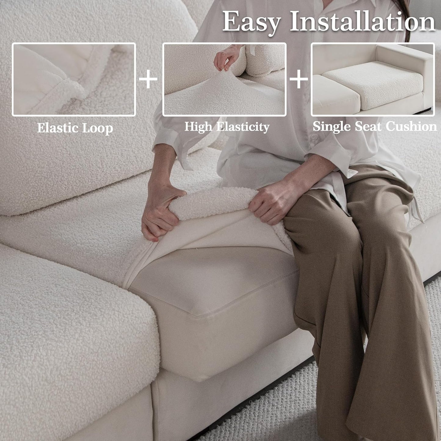 Couch Cushion Covers for Sectional Sofa, Stretch Soft Sofa Slipcovers Washable Wear-Resistant Universal Furniture Protector for Living Room(1 Piece Oversized Cover, Ivory)