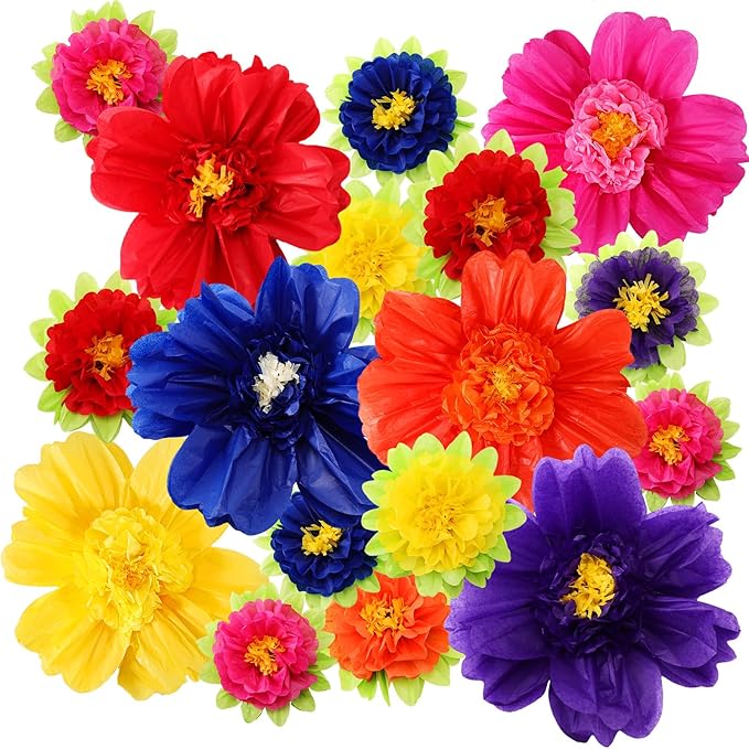 TaoBary Large Colorful Tissue Paper Flowers Giant Fiesta Paper Pom Poms Mexican Birthday Decorations for Wall Wedding Backdrop Centerpiece Party Supplies(20" and 10",Dark Blue, Purple, Red,24 Pcs)