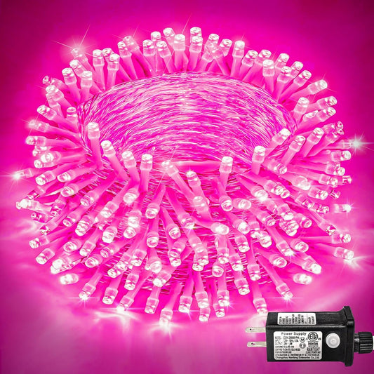 400 LED Pink String Lights Outdoor, 132ft Pink Christmas Lights 8 Modes Clear Wire, Plug in Waterproof Fairy String Lights for Bedroom Christmas Decorations