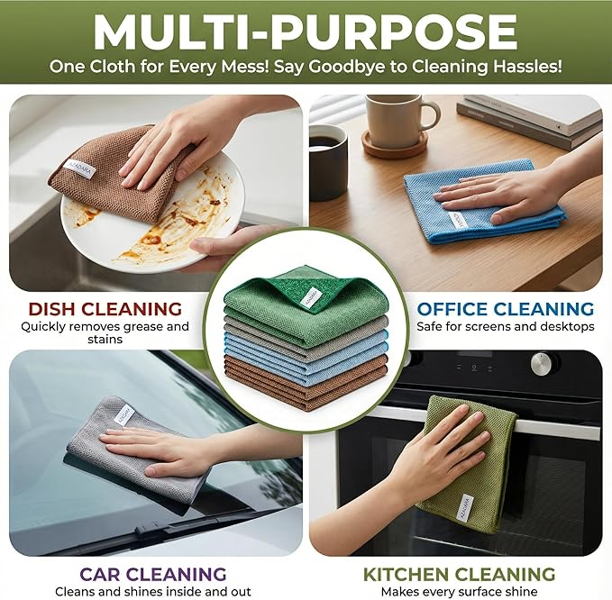 Dual-Sided Microfiber Cleaning Cloths – Non-Scratch Scrub & Absorbent Wipe – 2-in-1 Reusable Cleaning Towels for Kitchen, Home, Car, Glass & Appliances – 11.81” x 11.81” (6 Pack)