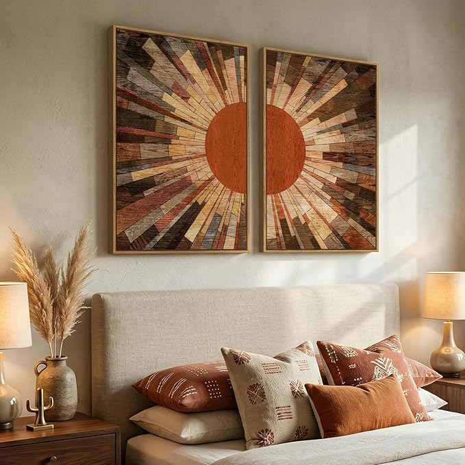 Framed Boho Mid Century Sun Wall Art for Living Room, Set of 2 Retro Abstract Sunrise Canvas Artwork for Walls, Vintage Earth Tone Painting Prints Wall Art Decor for Bedroom Hallway Office, 24x36 Inch