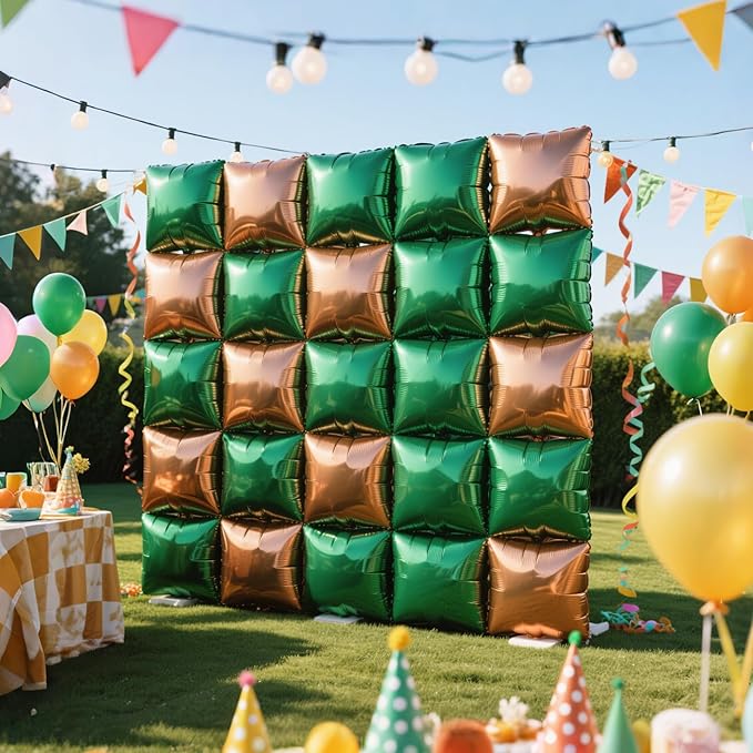 NISOCY 25PCS Dark Green and Brown Square Foil Baloons Wall Backdrop Double Sided Dark Green and Brown Balloons Arch Kit for Anniversary Birthday Thanksgiving Christmas Jungle Party Decorations