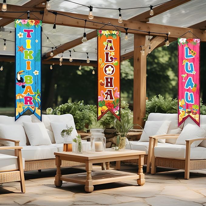 3 Pcs Hawaiian Banners Aloha Luau Porch Sign Tiki Bar Hanging Flag Tropical Welcome Sign Summer Beach Pool Party Decorations Photo Props Backdrop for Outdoor Door Wall Yard Birthday Camping