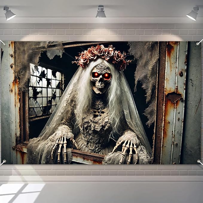 Halloween Skeleton Bride Backdrop 71x43 Inch Gothic Scary Wedding Banner Creepy Zombie Bride Wall Decor for Haunted House Horror Party Trick or Treat Indoor Outdoor Decoration