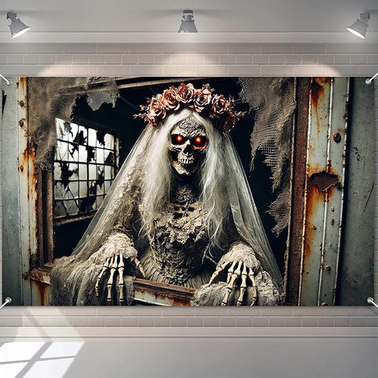 Halloween Skeleton Bride Backdrop 71x43 Inch Gothic Scary Wedding Banner Creepy Zombie Bride Wall Decor for Haunted House Horror Party Trick or Treat Indoor Outdoor Decoration