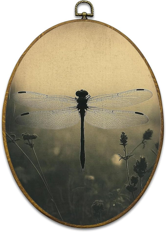 Mcehtle Moody Dragonfly Wall Art Decor, Vintage Dark Academia Insect Oval Framed Canvas Prints 8.6x11.4, Cottagecore Farmhouse Wall Hanging Artwork Decorations for Gallery Home Bedroom Living Room
