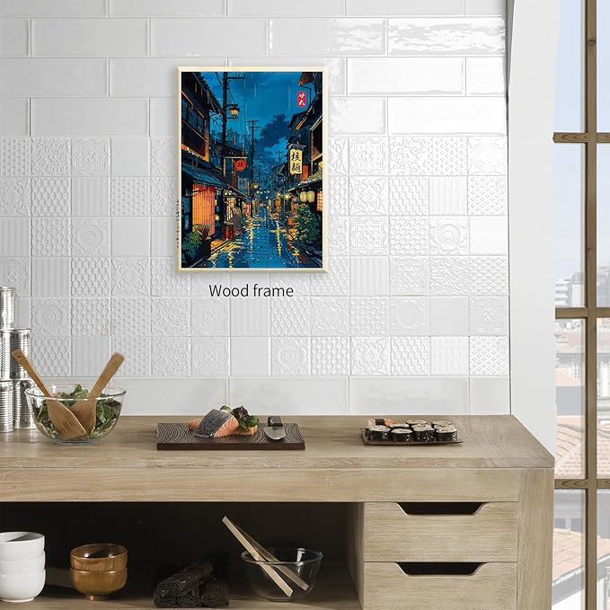 Japanese Tokyo Tea House Framed Canvas Wall Art Japanese City Street Cafe Scene Picture Print Modern Ukiyo-e Decor Poster for Japanese Home Bedroom Decorations Artwork24x36in
