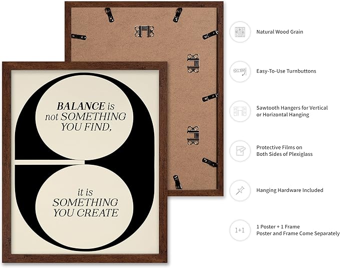 Poster Master Balance Poster - Retro Self Care Print - Modern Art - Motivational & Positive Quote Illustration - Minimalist Artwork - Great Living Room or Office Wall Decor - 8x10 Brown Framed