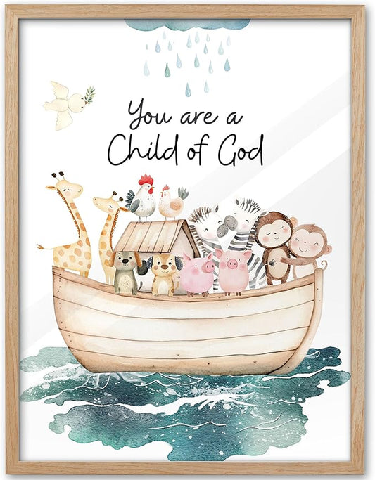 KensTro Natural OAK Wood Noah Ark Framed Wall Art, 12x16 in Being Loved By God,Ark Guardian Animal Christian Bible Verse Canvas Art,You Are a Child of God,Set of 1 Decor Painting for Children's Space