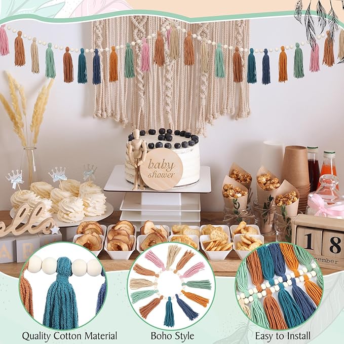 Zeyune 3 Pcs Boho Tassel Garland Boho Rainbow Wall Decor Colorful Pastel Tassel Wall Hanging with Wood Beads for Classroom Kids Bedroom Baby Shower Back to School Birthday Party Supplies