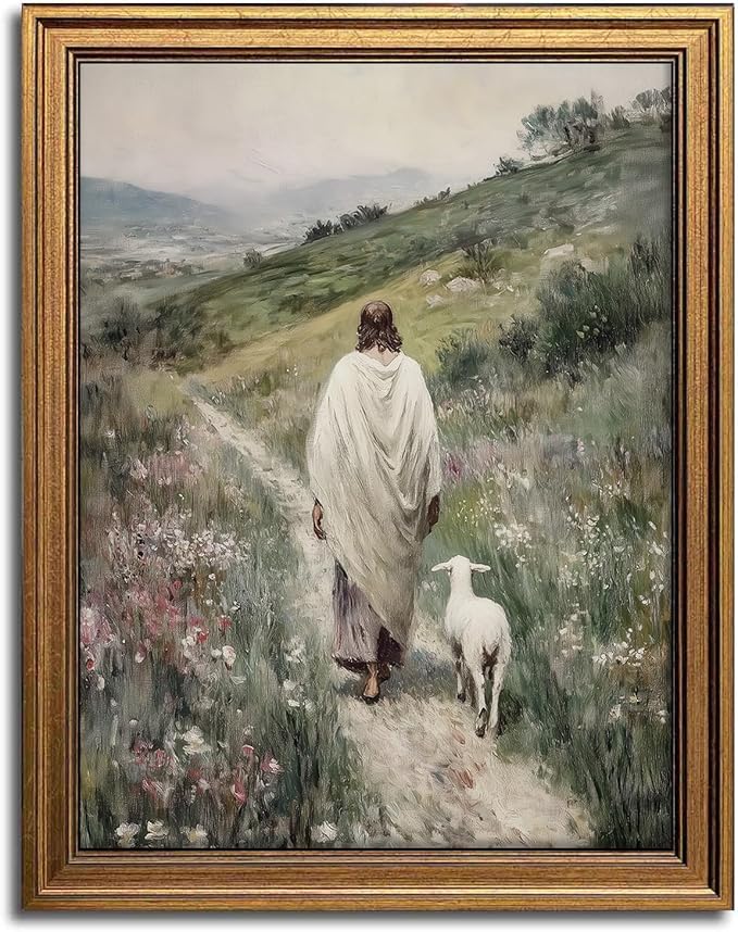 Aroutde Retro Gold Framed Good Shepherd Jesus Printing Wall Art, Vintage Jesus and Lamb Canvas Printing, Christian Art Poster Modern Religious Art Print for Living Room Bedroom Decor (10L x 8W, Framed)