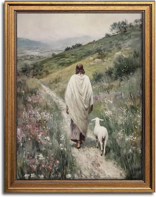 Aroutde Retro Gold Framed Good Shepherd Jesus Printing Wall Art, Vintage Jesus and Lamb Canvas Printing, Christian Art Poster Modern Religious Art Print for Living Room Bedroom Decor (10L x 8W, Framed)