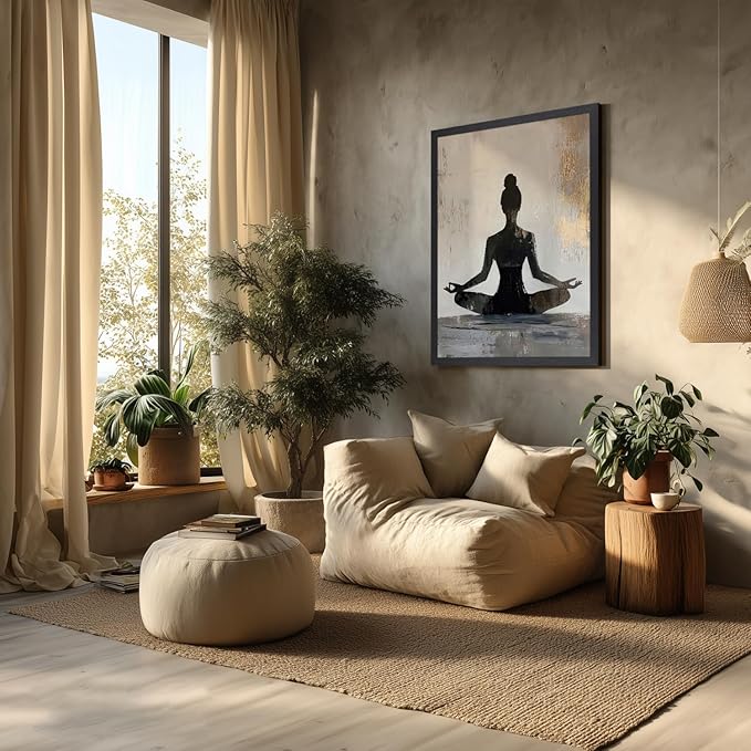 GELDSTEI Wood Framed Zen Wall Art, Modern Yoga Girl Canvas Painting, Tranquil Meditation Wall Decor, Spiritual Aesthetic Picture, Calming Mindfulness Poster Prints for Living Room Spa Yoga 16x24 Inch