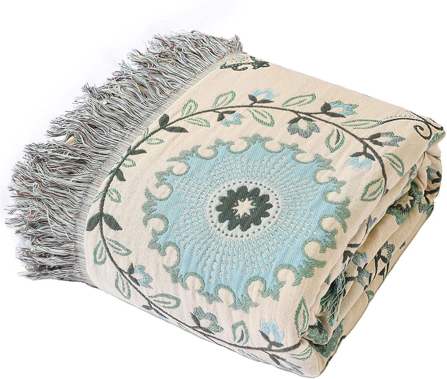 Snycler Boho Throw Blanket for Bed - 100% Cotton Ultra Soft Rustic Quilt - Blue Boho Floral Printed Farmhouse Decor Bed Blankets, 80"×90" All Season Rustic Throw for Sofa Couch Chair