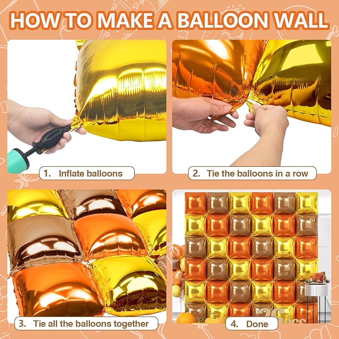 NISOCY 36PCS Orange Gold Brown Square Foil Balloons Wall Backdrop Metallic Autumn Fall Balloons Arch Kit for Thanksgiving Friendsgiving Birthday Halloween Baby Shower Fall Color Party Decorations