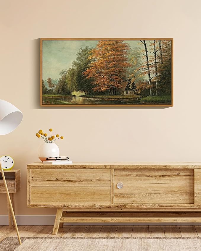 SHENIFY 20x40in Extra Large Vintage Framed Wall Art Countryside River Landscape Painting Retro Fall Scenery Farmhouse Bedroom Above of Bed Living Room Decor - Natural Framed