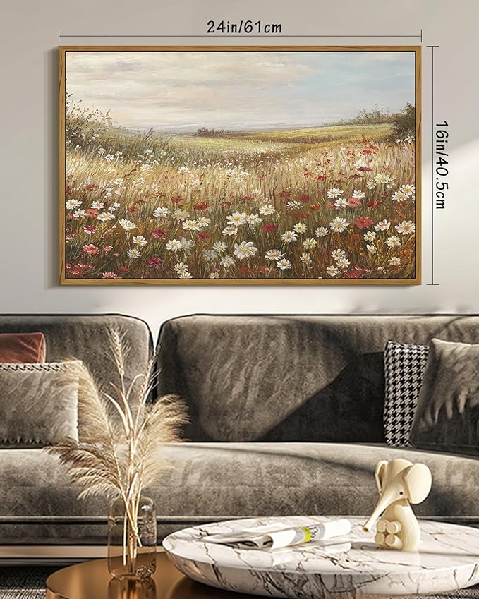 SHENIFY Vintage Framed Wall Art Meadow with Flowers Landscape Scenery Home Decor Retro Wildflower Field Decorations for Farmhouse Bedroom Ready to Hang Wall Artwork - 16x24in Natural Framed