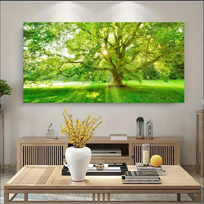 Bamdeya Large Picture Living Room Wall Art Forest Canvas paintings Trees wall decor Green Artwork for Walls Sunset Landscape Wall Art Bedroom Wall Decor Dining Room Home Office Decorations