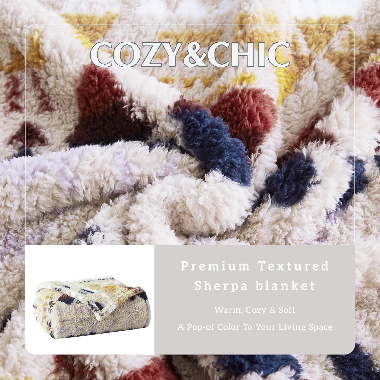 CASAAGUSTO Boho Sherpa Throw Blanket, Aztec Queen Blanket, Ultra Soft, Warm, Cozy, Plush, Thick Fleece Bohemian Throw Blanket for Couch, Bed, Sofa (Khaki 90 * 90 Inch)