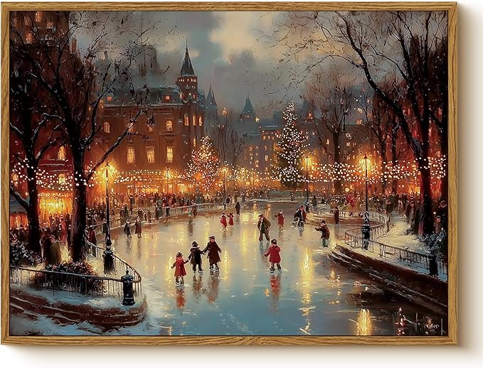 WHASAYART Vintage Christmas Wall Art 12x16 Framed Canvas Print, Holiday Bustling Town Center Winter Ice Skating Scene Christmas Tree City Lights Painting, Rustic Living Room Bedroom Seasonal Decor