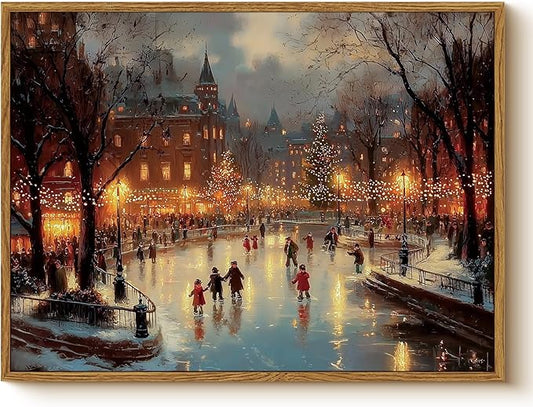 WHASAYART Vintage Christmas Wall Art 12x16 Framed Canvas Print, Holiday Bustling Town Center Winter Ice Skating Scene Christmas Tree City Lights Painting, Rustic Living Room Bedroom Seasonal Decor