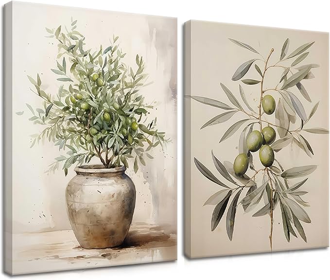 2Pcs Framed Botanical Wall Art Green Olive Branches Poster Print Neutral Farmhous Plant Picture Canvas Painting Wall decor for Living Room Kitchen or Dining Room Decor 16x24IN