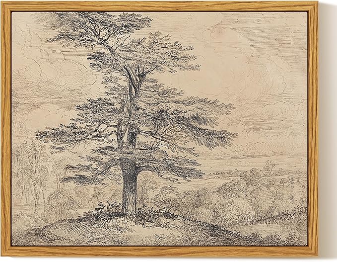 InSimSea Framed Canvas Print Art, Vintage Tree Sketch Landscape Painting, Rustic Farmhouse Cottage Decor for Hallway Wall Floating Shelf Desk Vanity Fireplace,10x8 in, Neutral Tones
