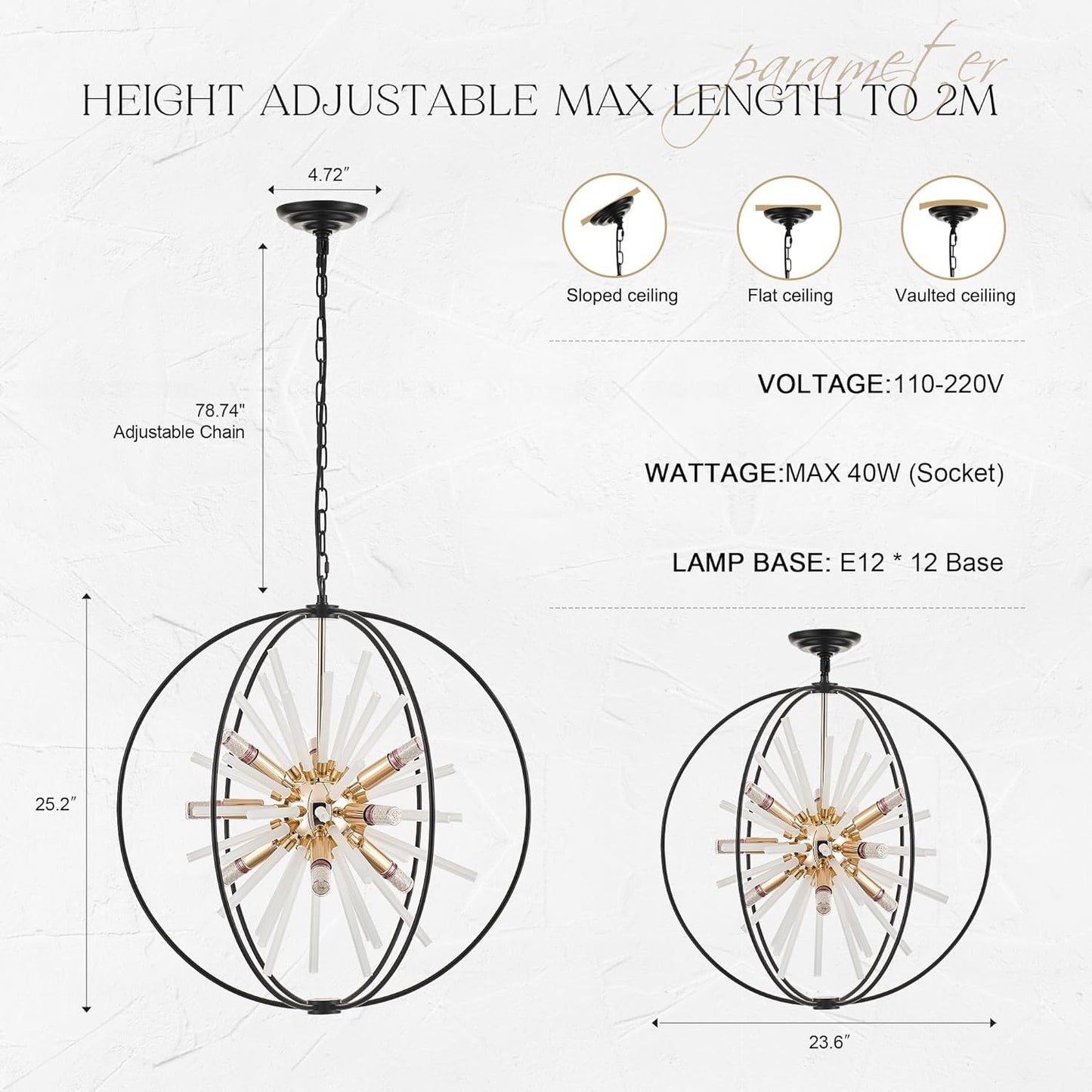 23.6" Black Gold 12-Light Globe Sputnik Chandelier Modern Adjustable Hanging Ceiling Glass Tube Pendant Light Fixture for Entryway Foyer Staircase Dining Living Room Hallway