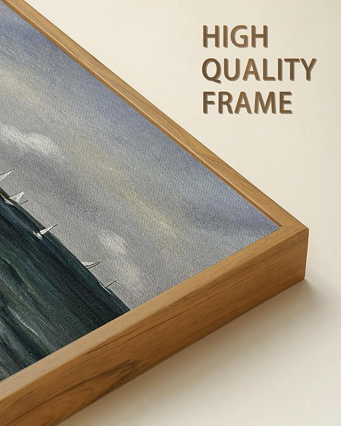 SHENIFY Vintage Framed Wall Art Seaside Coastal Landscape Painting Retro Beach Scenery Farmhouse Kitchen Living Room Decor - 8x16in Natural Framed