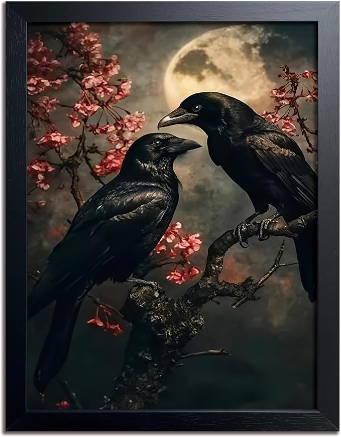 Vintage Framed Wall Art, Forest Gothic Decor, Dark Academia Celestial Moon Canvas Prints, Black Crow Cherry Blossom Painting Wall Decor for Living Room Bedroom – Black Wooden Frame 16x24 Inch
