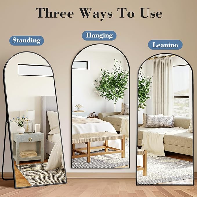 DUMOS Arched Full Length Mirror with Stand Floor Free Standing Aluminum Frame for Bedroom Body Hanging Leaning Modern Simple Home Decor Shatter-proorf Nano Glass Wall Black 65"x24"