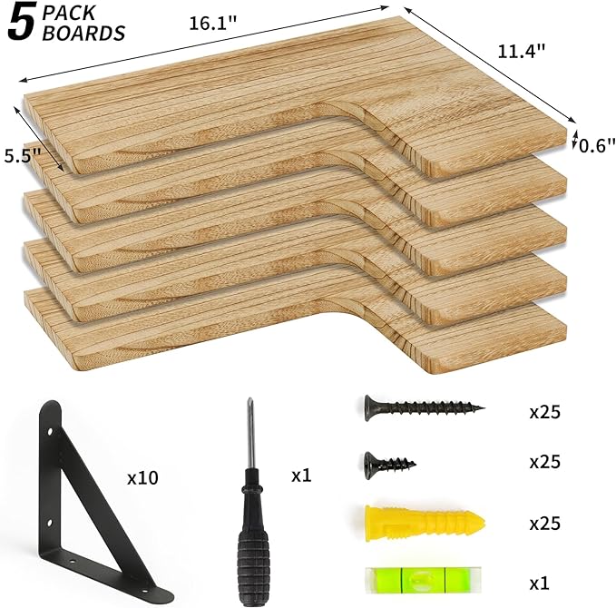 Fixwal Floating Shelves for Wall, Rustic Wood Wall Mounted Corner Shelf for Bathroom, Kitchen, Bedroom, Home Decor, Laundry Room, Living Room, Set of 5 (Carbonized Black)
