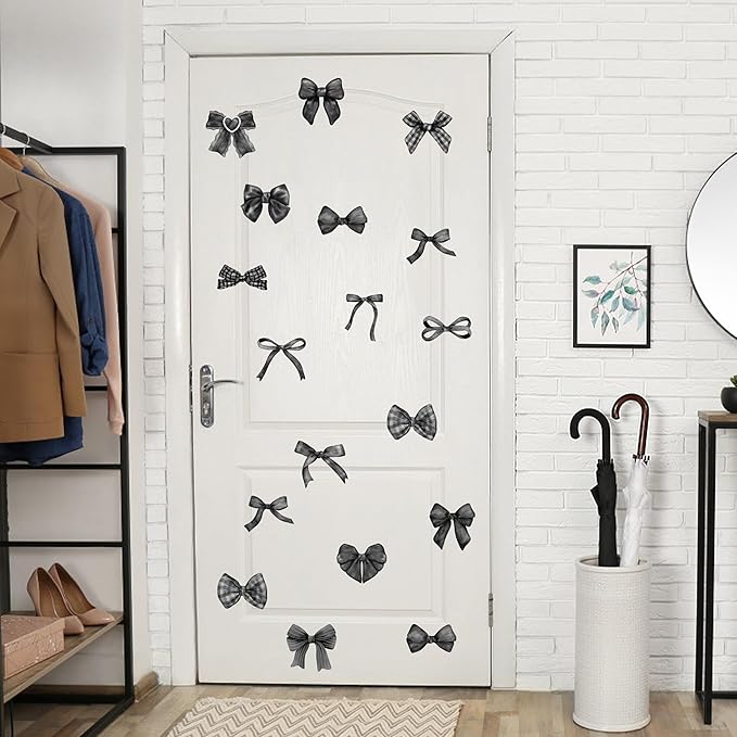 A1diee Black White Bow Wall Stickers - 60Pcs Watercolor Coquette Aesthetic Wall Stickers Black Bow Knot Gothic Wall Art Decor Vinyl Peel and Stick Room Decor for Kindergarten Nursery Bedroom, 8 Sheets