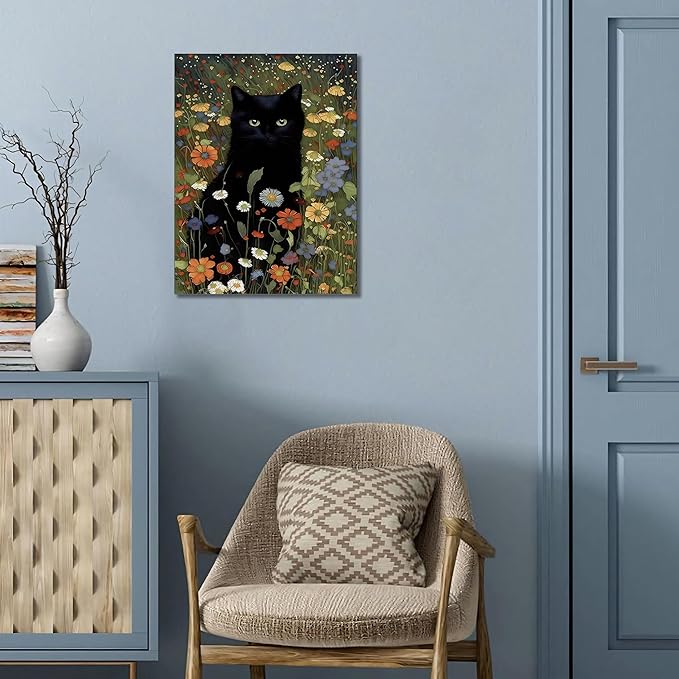 Framed Cat Canvas Wall Art, Funny Black Cat Picture Wall Decor, Animal In Garden Flowers Prints Poster for Bathroom Bedroom Living Room Gallery Decor 12x16 inch