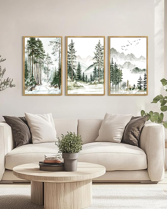 Drsoum Green Tree Forest Mountain Framed Wall Art Nature Landscape Prints Morden Wilderness Artwork Hallway Bedroom Ready to Hang 24x36in Natural Framed