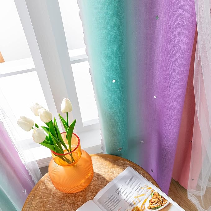 XiDi Curtains for Bedroom Decor, Rainbow PinkPuGreen-34-45