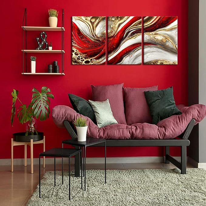 3Pcs Framed Red Gold Canvas Wall Art Abstract Marble Gilt Wall Decor Pictures Modern Red and Gold Paintings Prints Posters for Living Room Bedroom Office Home Decoration, Ready to Hang
