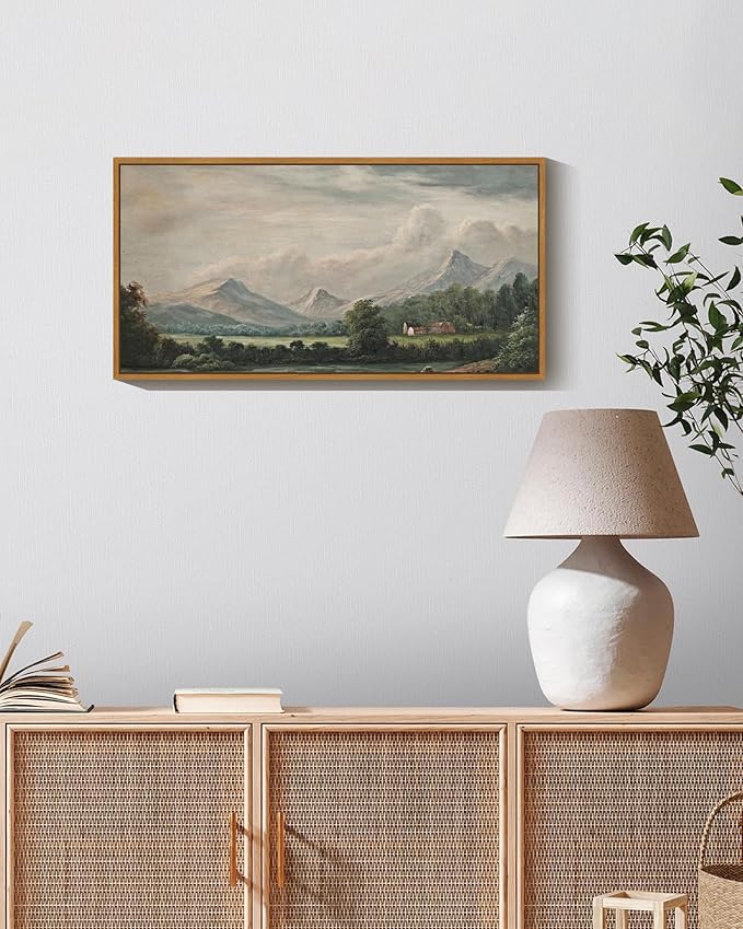 SHENIFY Vintage Framed Wall Art Country Village Landscape Painting Retro Mountain Meadow Scenery Farmhouse Kitchen Living Room Decor - 8x16in Natural Framed