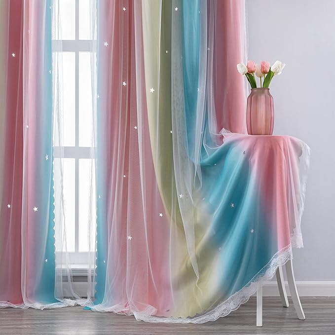 XiDi Curtains for Bedroom Decor, Rainbow Pink-Blue-34-96