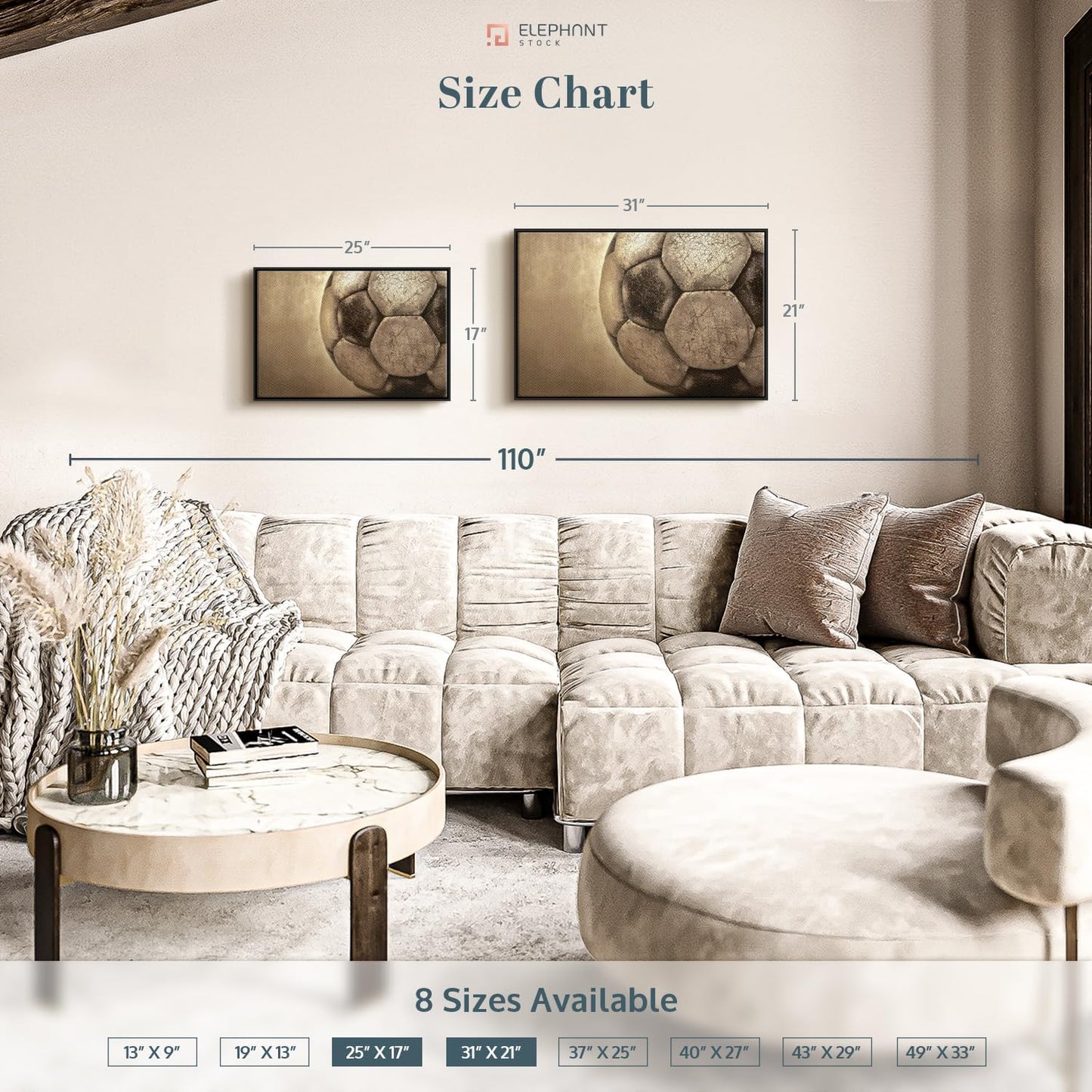 Elephant Stock Worn Soccer Ball Wall Art - Horizontal Framed Canvas - 1-Piece Living Room Wall Decor - Photography sports Canvas Print - Brown and Gray Decor for Wall - 25" X 17"