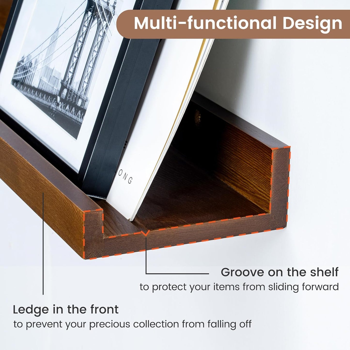 Picture Ledge Wall Shelves 24 inch Width Set of 2, Solid Pine Wood Rustic Floating Ledge Shelves for Wall for Kids' Room Bedroom Kitchen Bathroom Living Room Nursery Display Wall Decor, Walnut